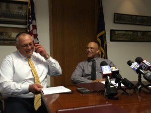 Jeffrey Edwards, Harrisburg's director of IT, left, and Phred Barber, network administrator for the city, at a press conference Thursday in the mayor's city hall office.