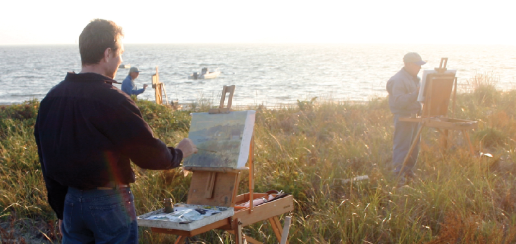 Pictured left to right: Jonathan Frazier, Dave Henry, and Earl Blust painting in Cape Cod. Photo by Steve Wetzel.
