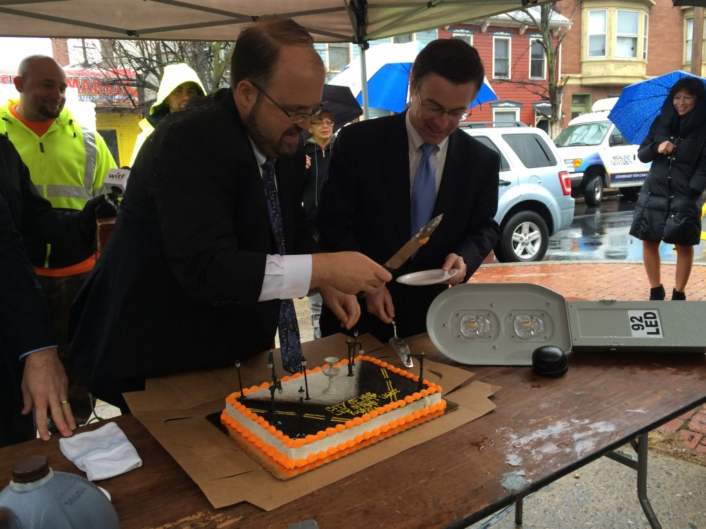 Department of Environmental Protection Secretary John Quigley, right, and Mayor Eric Papenfuse at the streetlight project launch Tuesday.