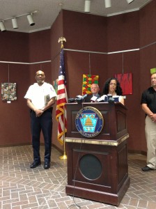 Police Chief Pierre Ritter, COO Bob Philbin, and Mayor Linda Thompson at this morning's press conference.
