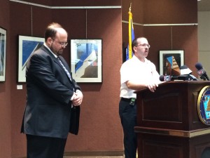 Mayor Eric Papenfuse, left, and acting fire chief Brian Enterline at Friday's press conference in city hall.